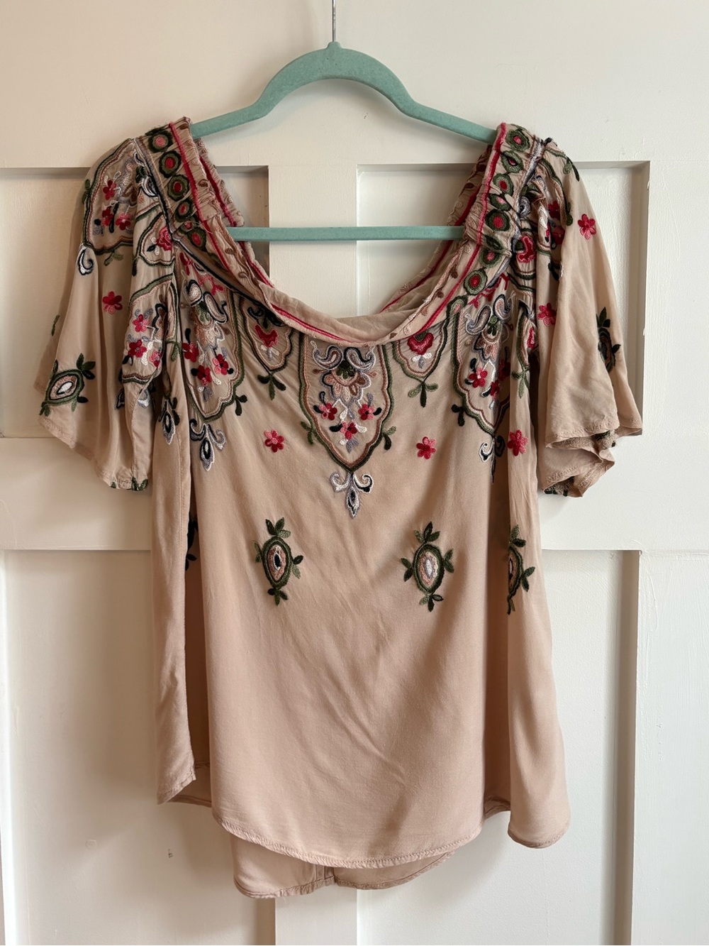 Democracy Cream Embroidered Off-Shoulder Boho Top Small - Picture 5 of 7